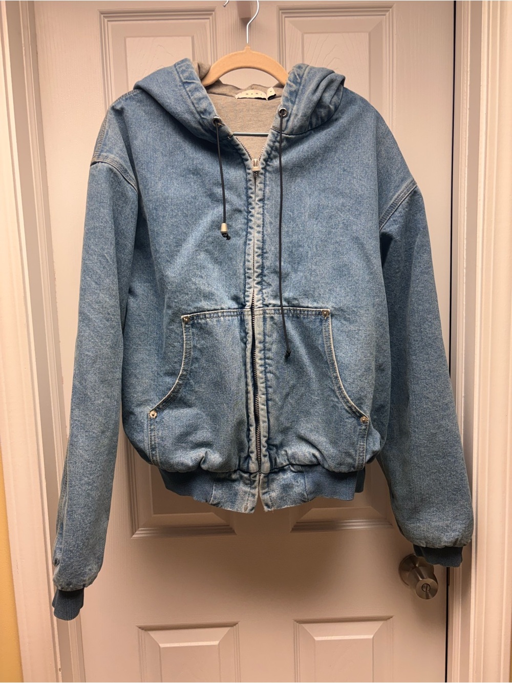 MNML Men’s Light Wash Denim Hooded Jacket – Size Medium